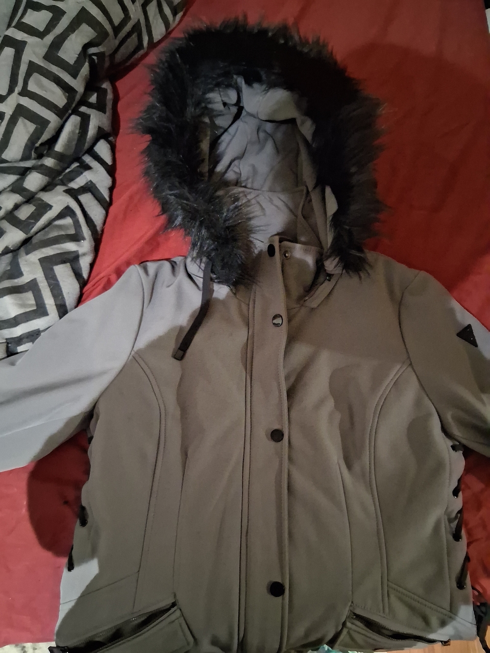Guess Women's Taupe Puffer Jacket with Faux Fur Hood